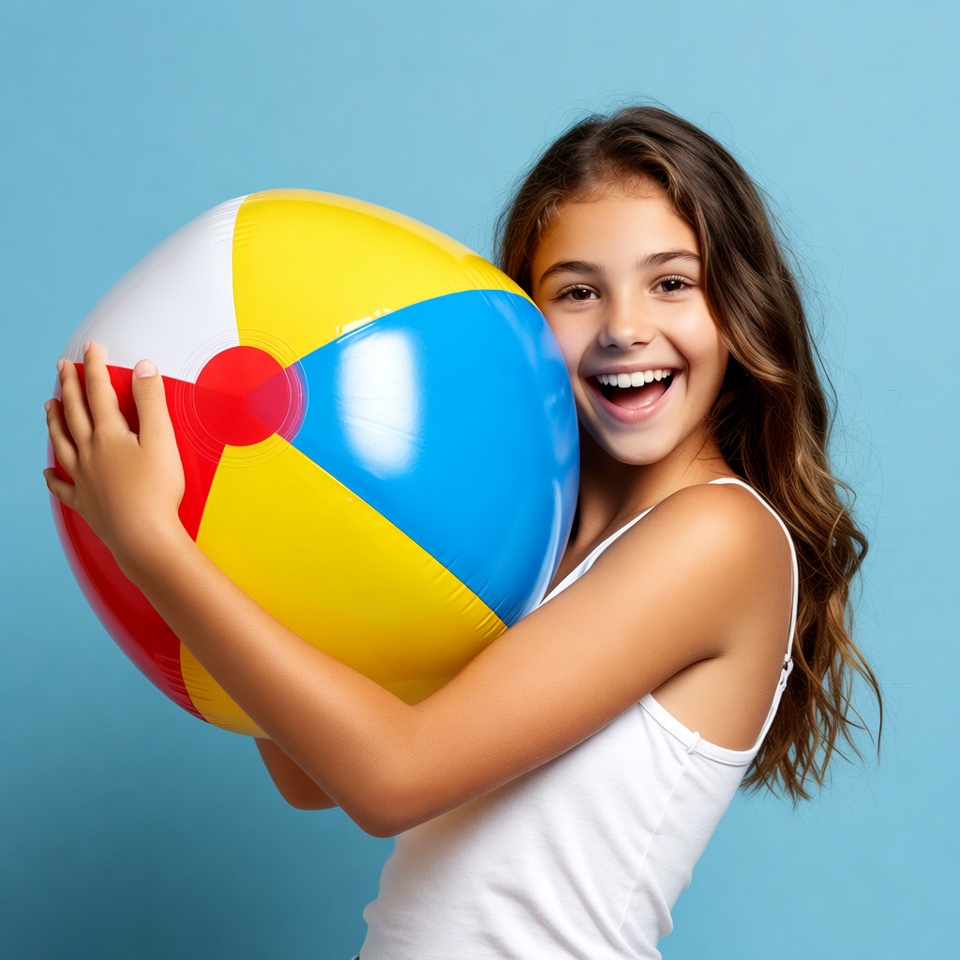 Girl hugging large beach ball Girl hugging large beach ball
