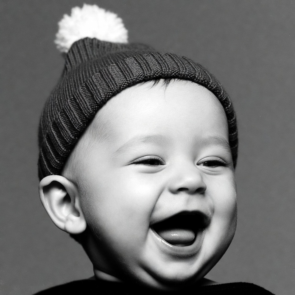 Baby laughing in knit beanie hat Baby laughing in knit beanie hat