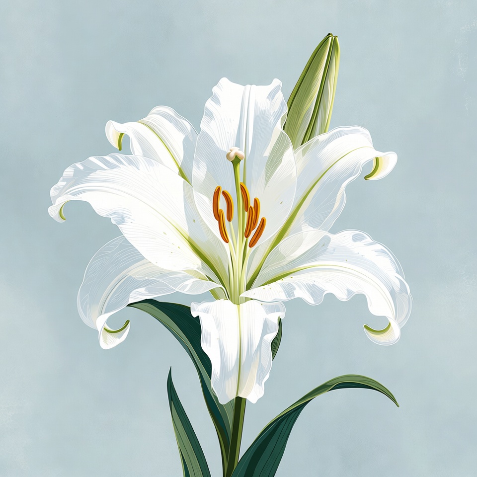 White Lily Flower on Blue Background White Lily Flower on Blue Background