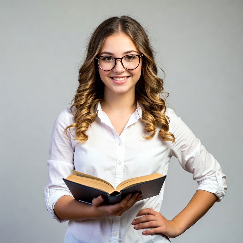Young woman reading book with glasses Young woman reading book with glasses