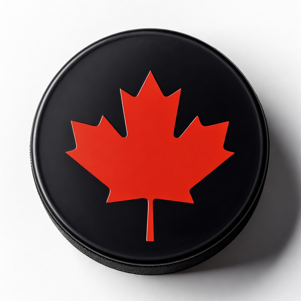 Black hockey puck with red maple leaf Black hockey puck with red maple leaf