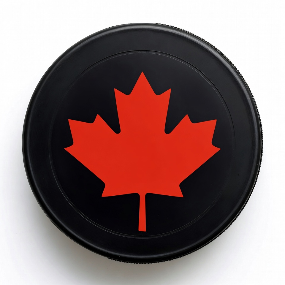 Black hockey puck with red maple leaf Black hockey puck with red maple leaf