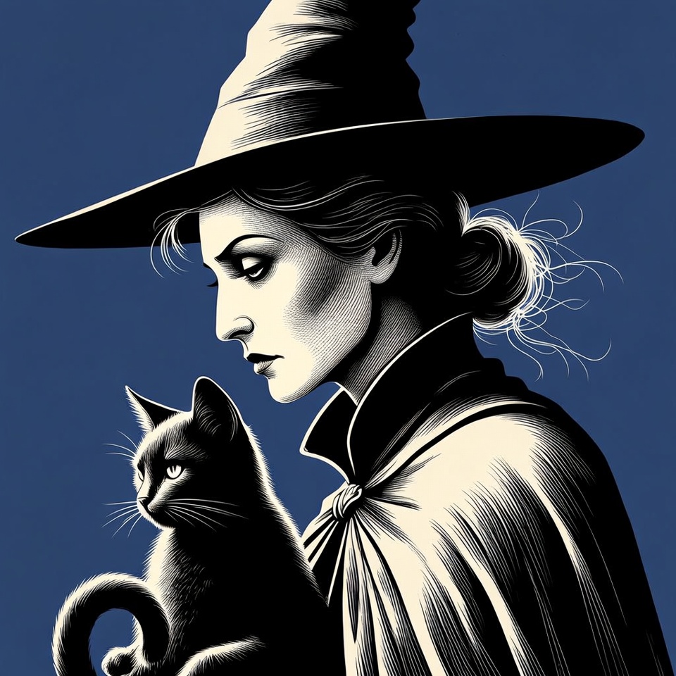 Woman in witch hat holding black cat Woman in witch hat holding black cat