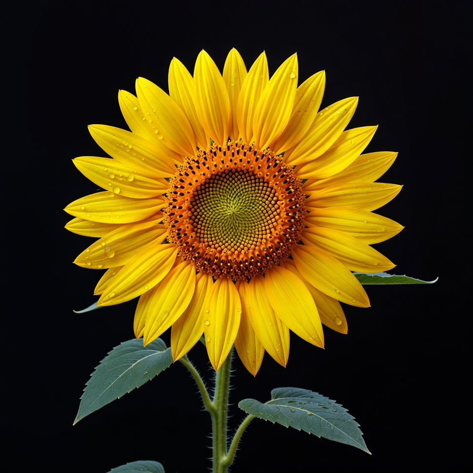 Sunflower with Dewdrops on Black Background Sunflower with Dewdrops on Black Background
