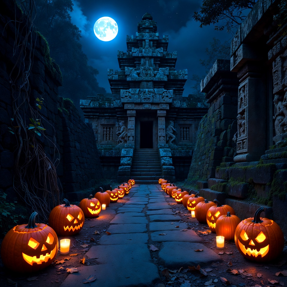 Halloween Pumpkins Leading to Ancient Temple Halloween Pumpkins Leading to Ancient Temple
