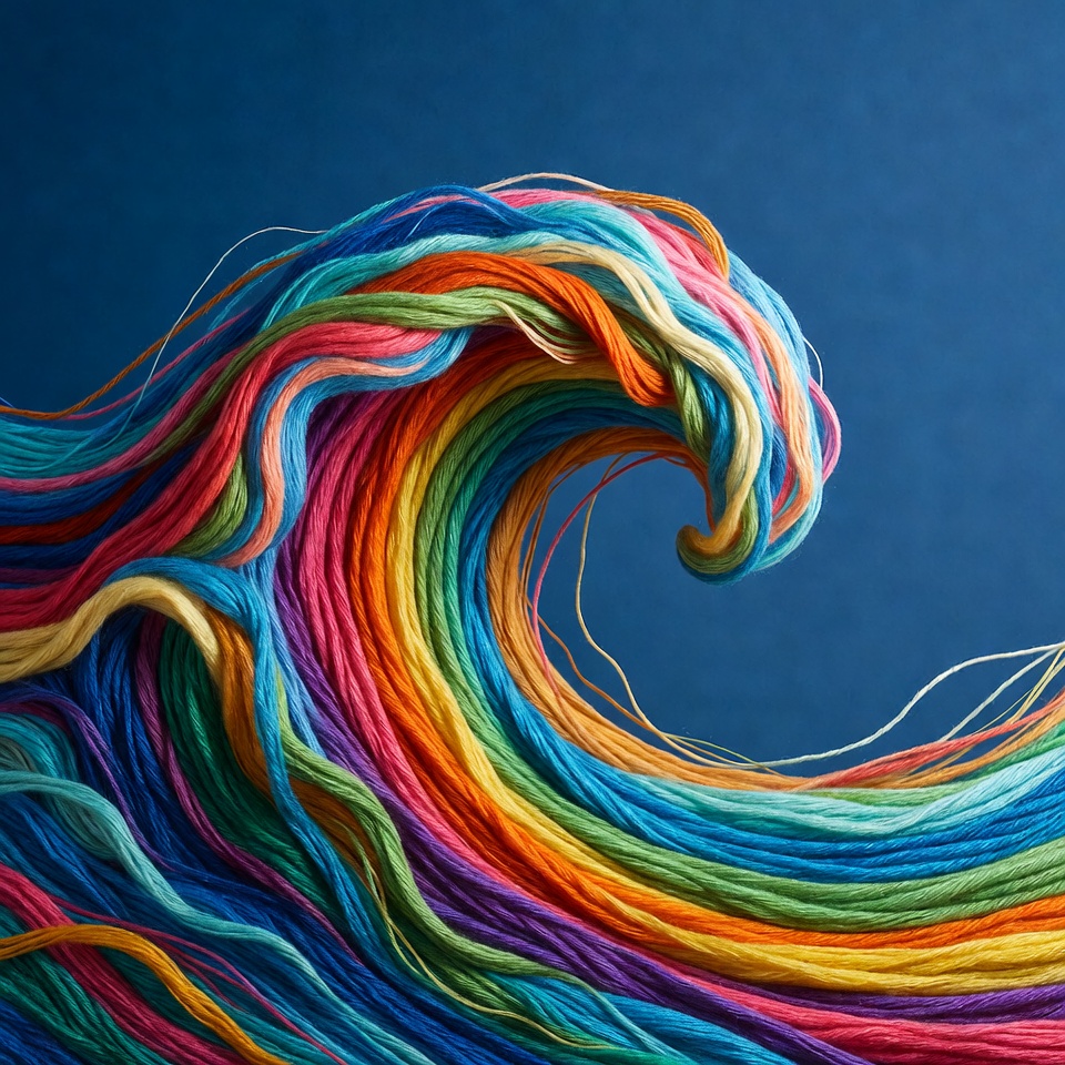 Colorful Yarn Wave on Blue Background Colorful Yarn Wave on Blue Background