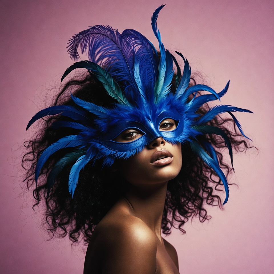 Woman wearing blue feathered masquerade mask Woman wearing blue feathered masquerade mask