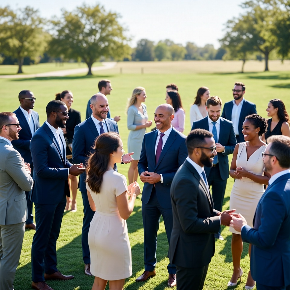 Diverse business professionals conversing outdoors Diverse business professionals conversing outdoors