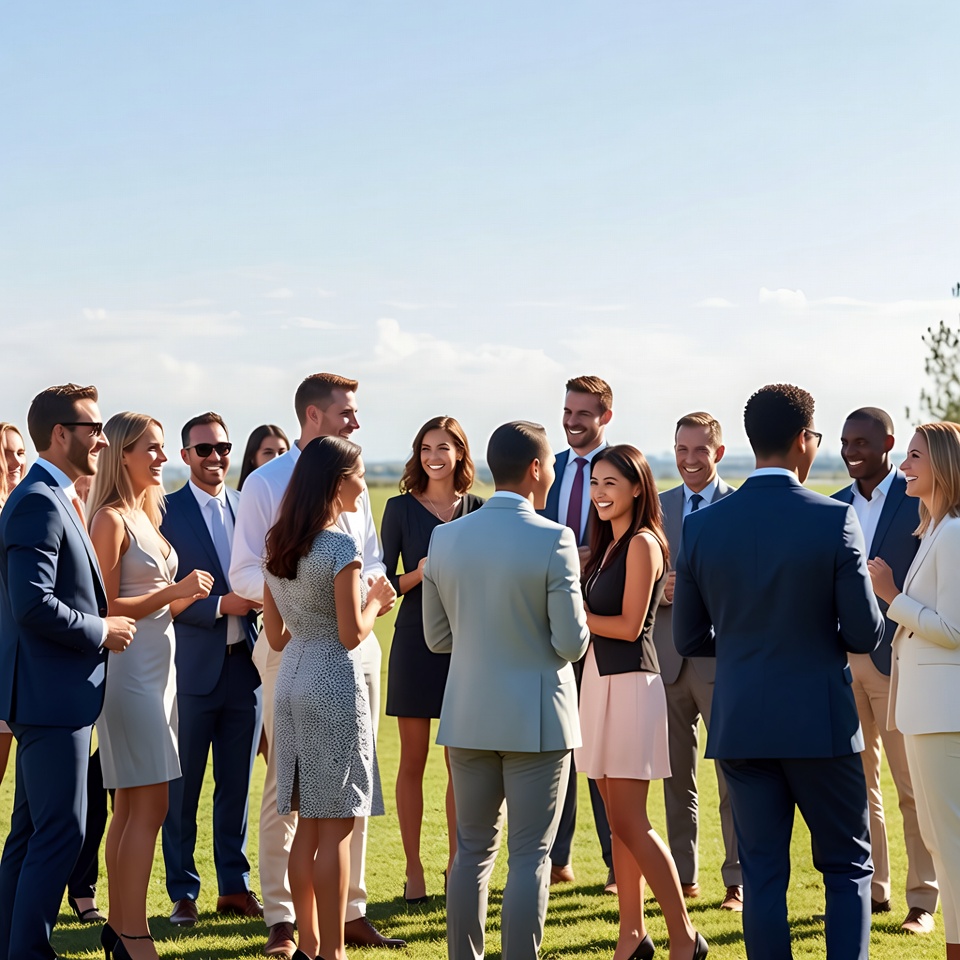 Diverse business professionals conversing outdoors Diverse business professionals conversing outdoors