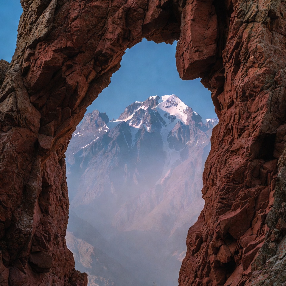 Red Rock Arch Framing Snowy Mountains Red Rock Arch Framing Snowy Mountains