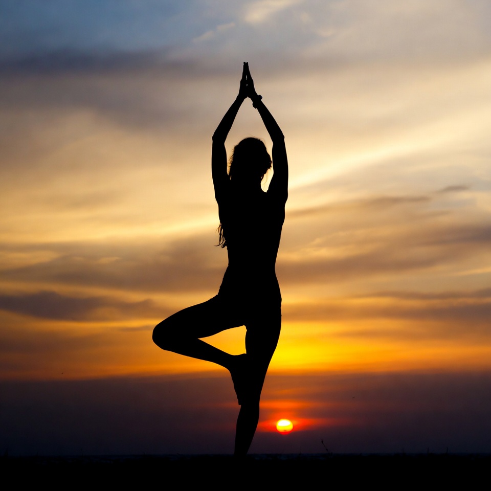Woman in tree pose yoga sunset silhouette Woman in tree pose yoga sunset silhouette