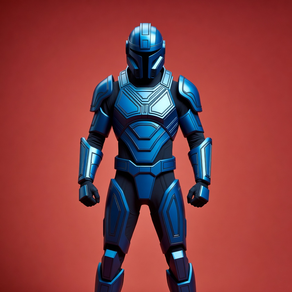 Blue Mandalorian Armor on Red Background Blue Mandalorian Armor on Red Background