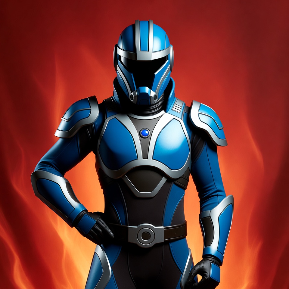 Blue Armored Power Ranger on Fiery Background Blue Armored Power Ranger on Fiery Background