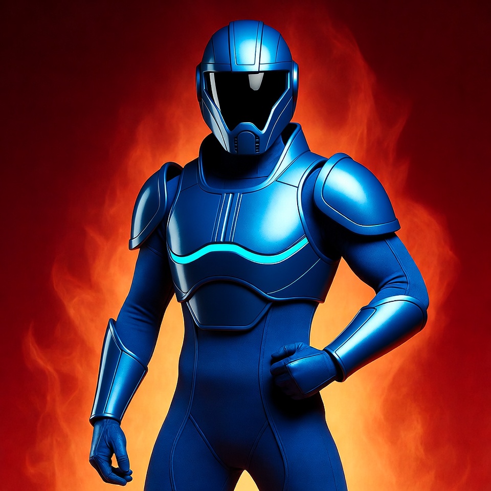 Blue armored futuristic warrior on fire background Blue armored futuristic warrior on fire background