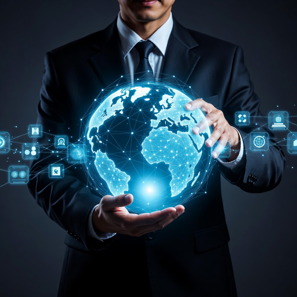 Asian businessman holding digital globe Asian businessman holding digital globe