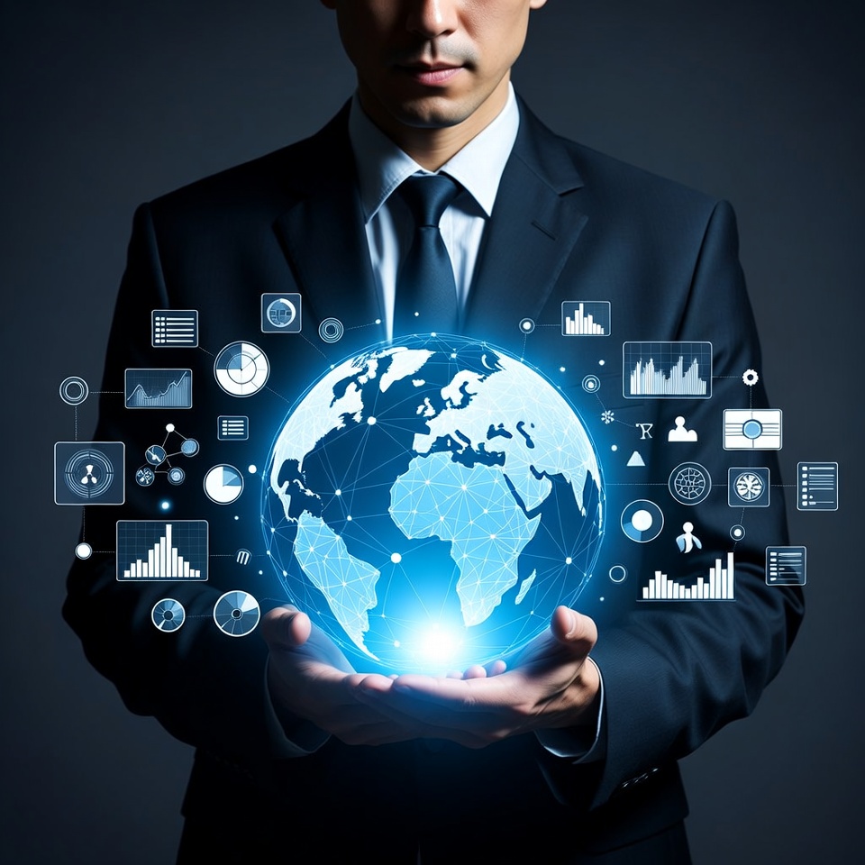 Asian businessman holding digital globe Asian businessman holding digital globe