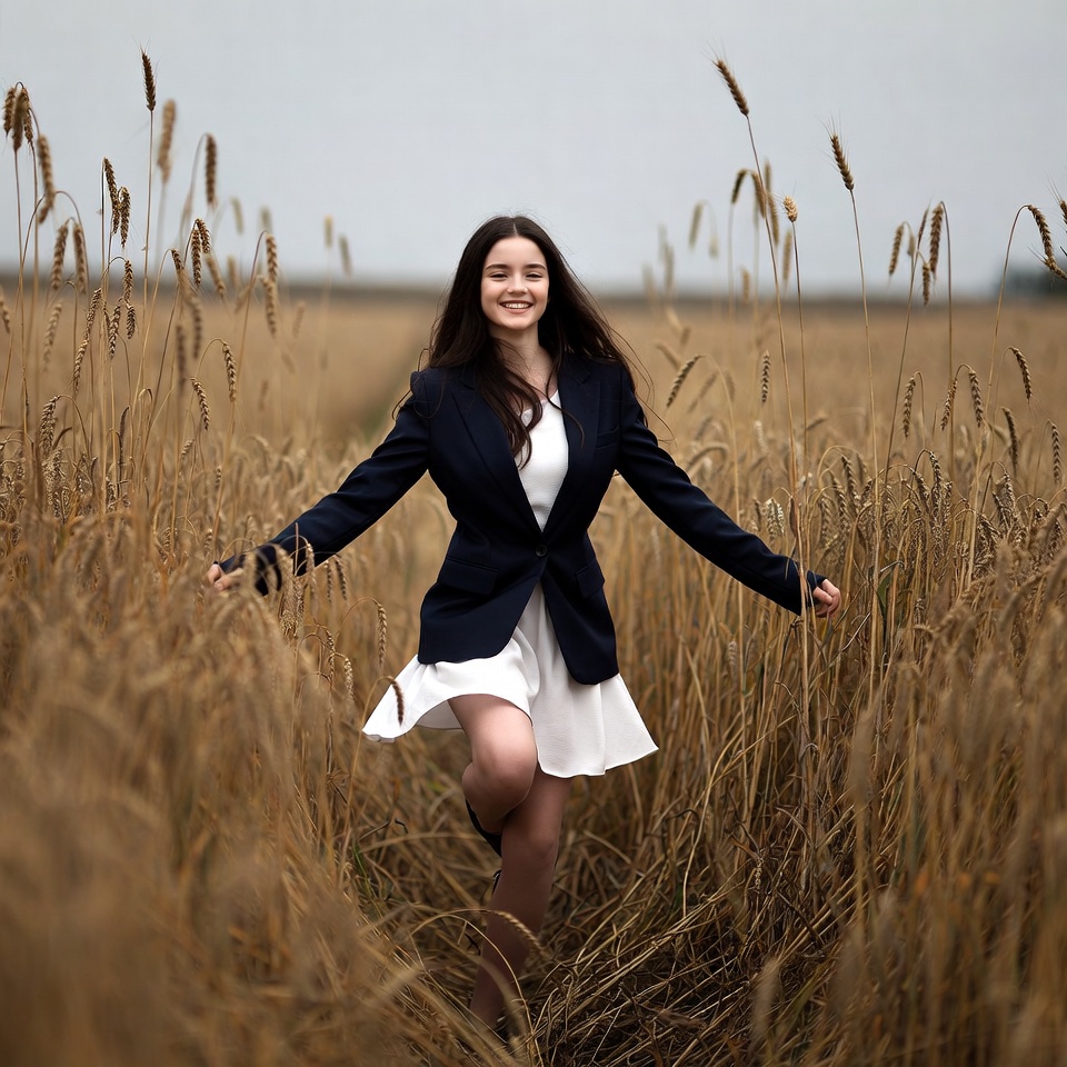 Young woman in blazer running through wheat field Young woman in blazer running through wheat field