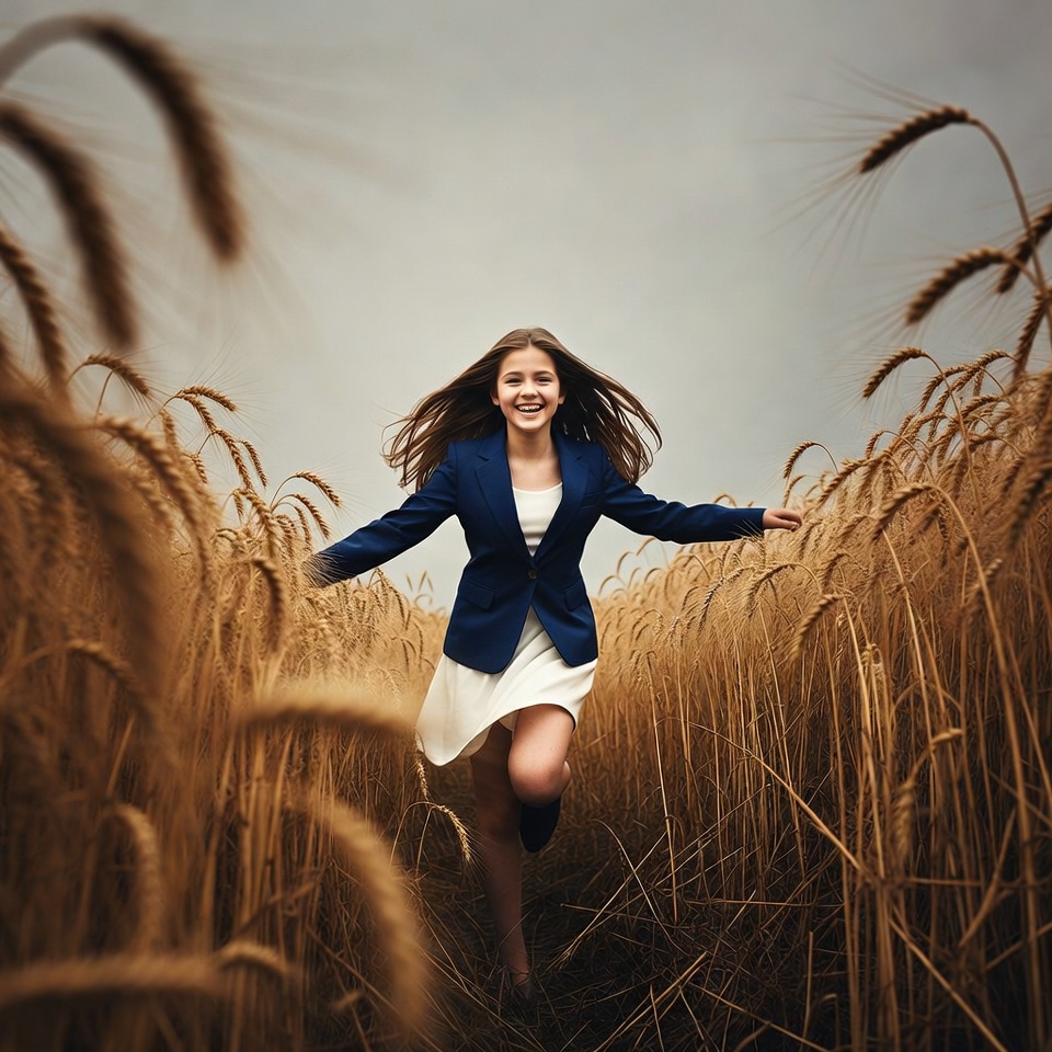 Girl running in wheat field Girl running in wheat field