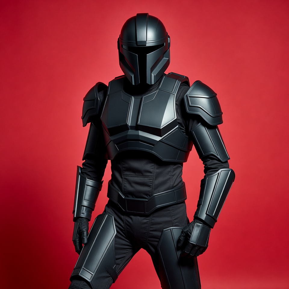 Mandalorian in black armor on red background Mandalorian in black armor on red background