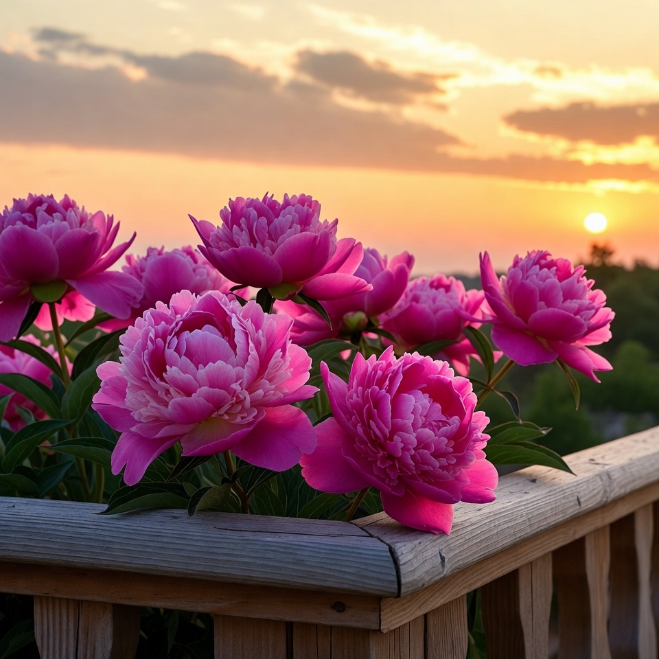Pink Peonies on Deck at Sunset Pink Peonies on Deck at Sunset