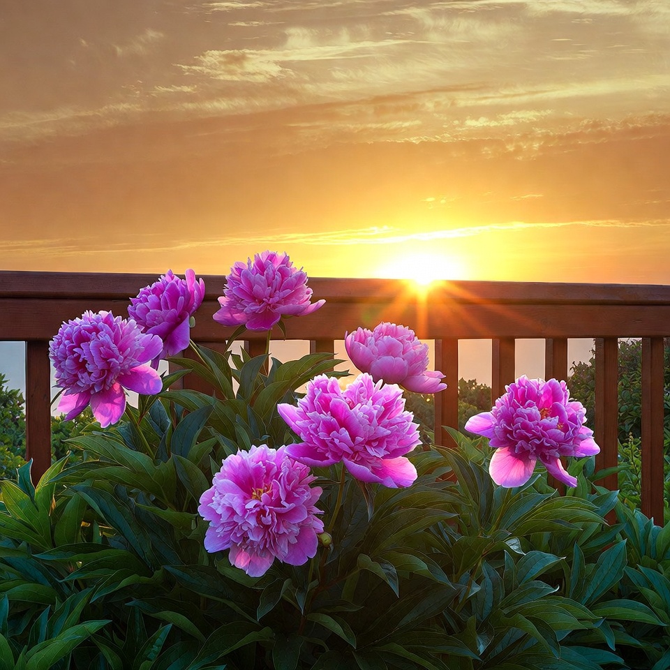 Pink peonies on deck at sunset Pink peonies on deck at sunset