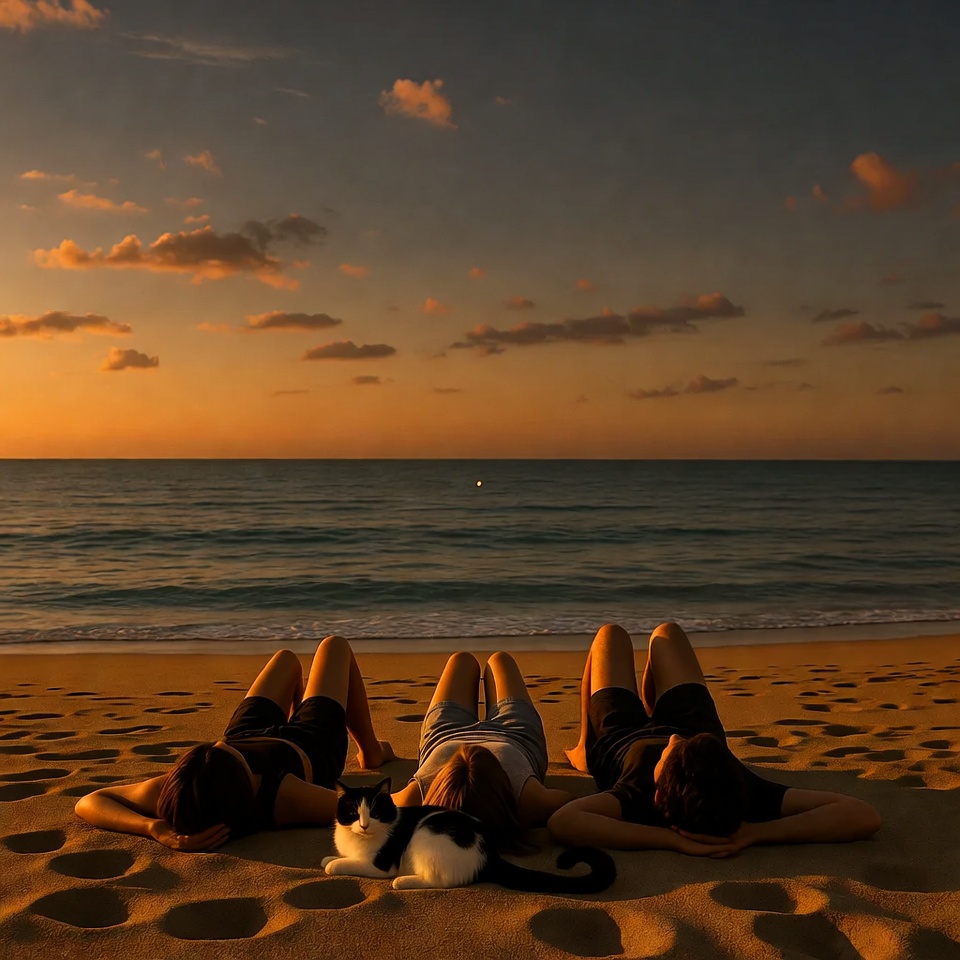 Three women and cat relaxing on beach Three women and cat relaxing on beach