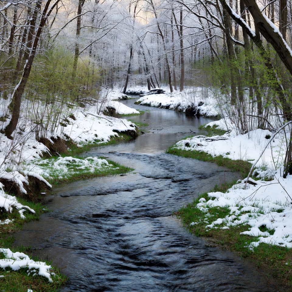 Snowy Creek Flowing Through Winter Forest Snowy Creek Flowing Through Winter Forest