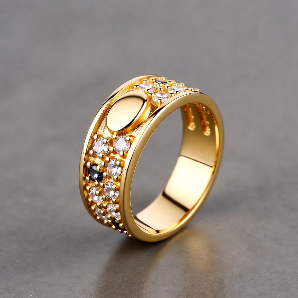 Gold Ring with White Black Diamonds Gold Ring with White Black Diamonds