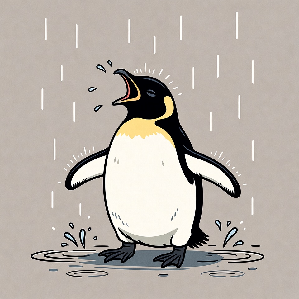 Cartoon penguin singing in rain Cartoon penguin singing in rain