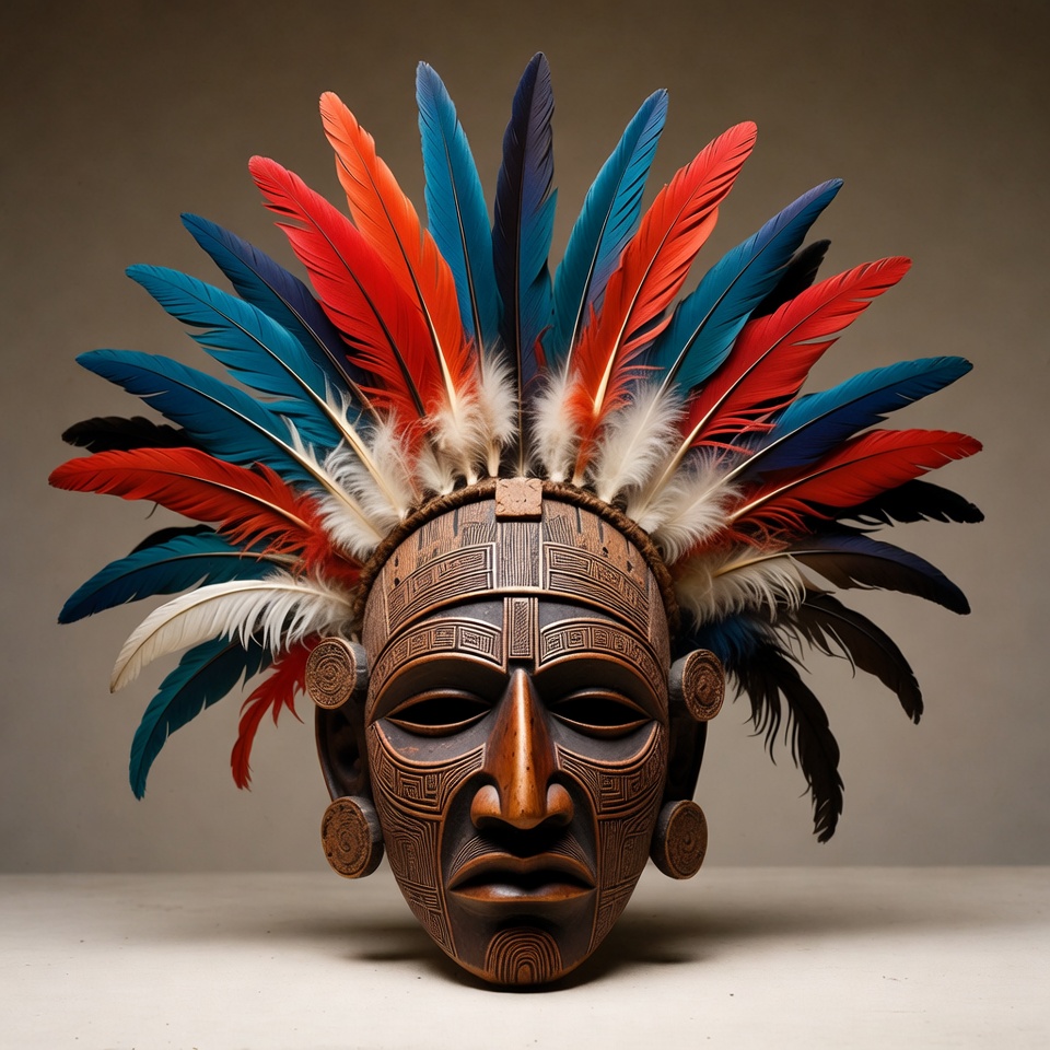 Wooden tribal mask with colorful feathers Wooden tribal mask with colorful feathers