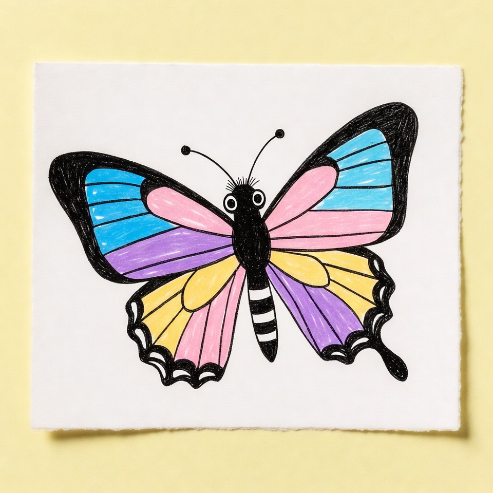 Colorful butterfly illustration on yellow paper Colorful butterfly illustration on yellow paper