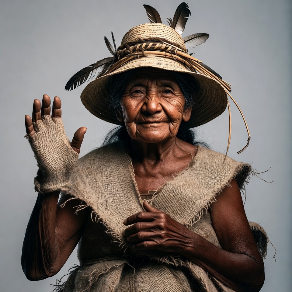 Elderly Indigenous woman waving in hat Elderly Indigenous woman waving in hat