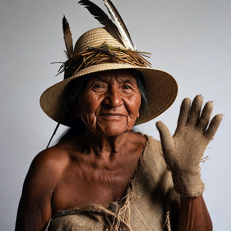 Indigenous woman waving in feathered hat Indigenous woman waving in feathered hat