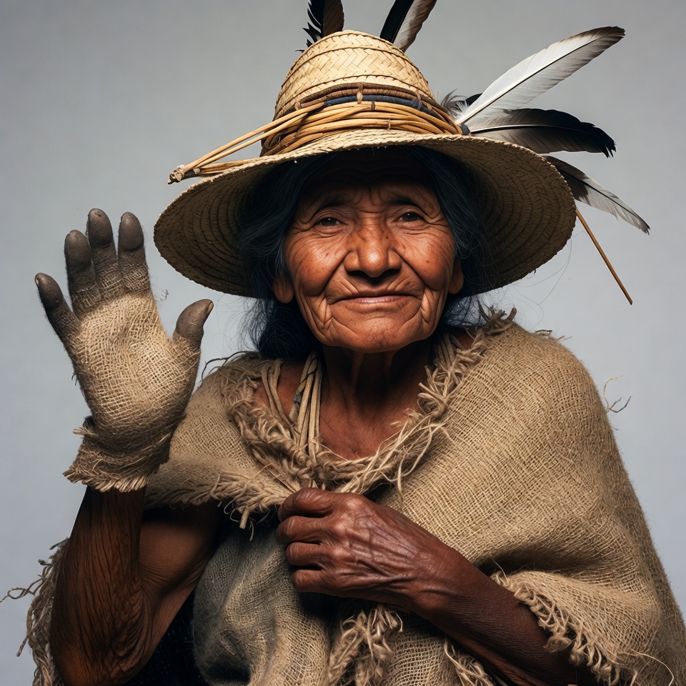 Indigenous woman waving in feathered hat Indigenous woman waving in feathered hat