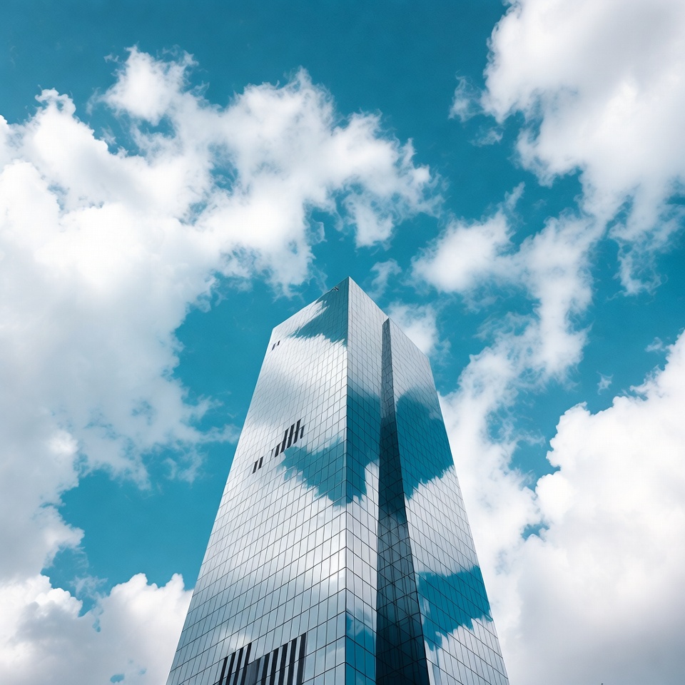 Tall Skyscraper Reflecting Blue Sky Clouds Tall Skyscraper Reflecting Blue Sky Clouds