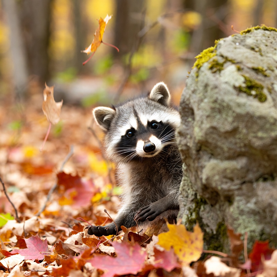 Raccoon peeking from mossy rock Raccoon peeking from mossy rock