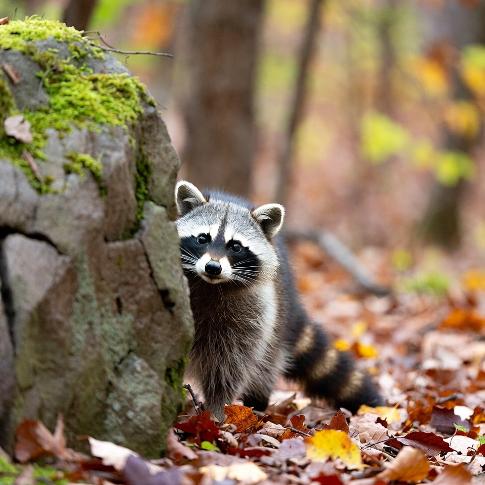 Raccoon peeking from mossy rock Raccoon peeking from mossy rock