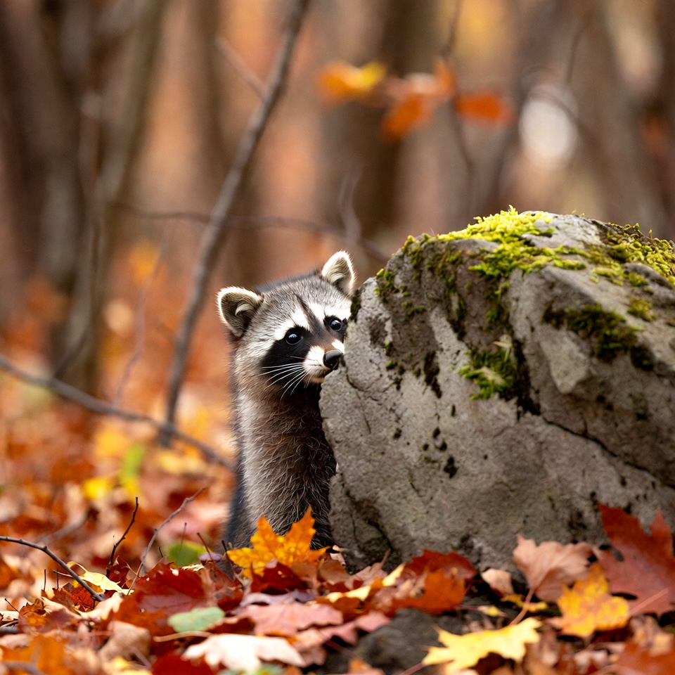 Raccoon peeking from mossy rock Raccoon peeking from mossy rock
