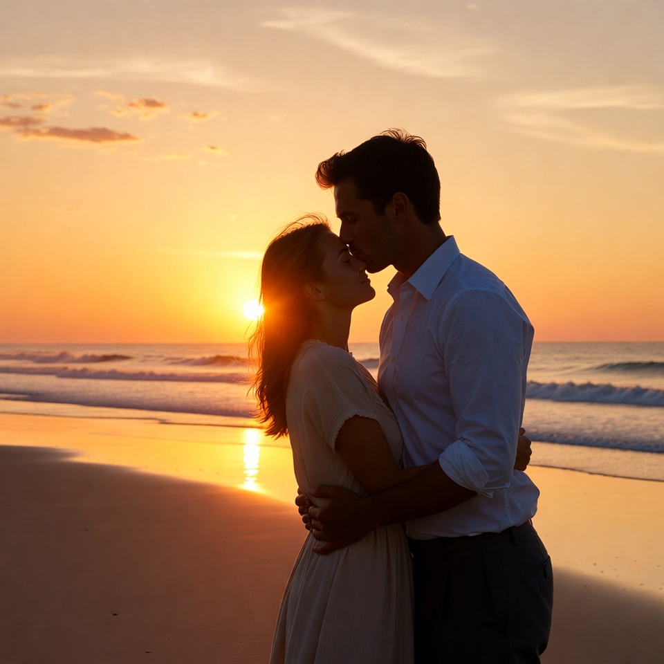Couple kissing at sunset beach Couple kissing at sunset beach
