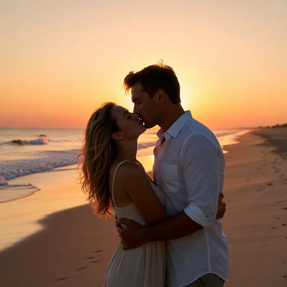 Couple kissing on beach at sunset Couple kissing on beach at sunset