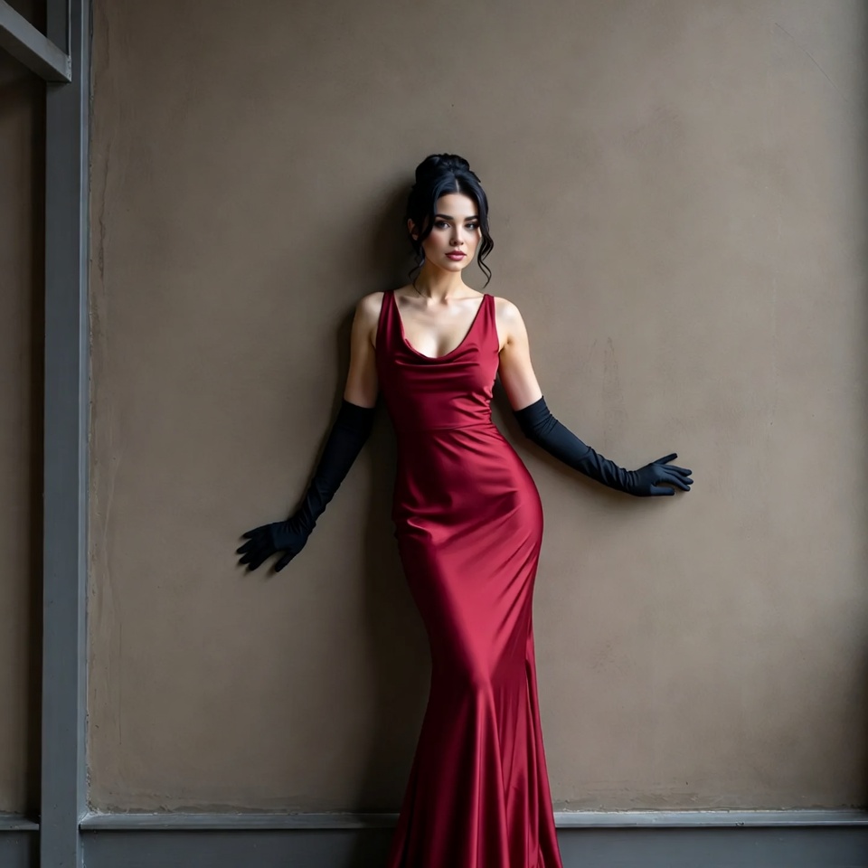 Woman in red satin gown with gloves Woman in red satin gown with gloves