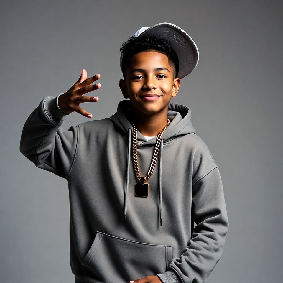 Young boy throwing up hand sign Young boy throwing up hand sign