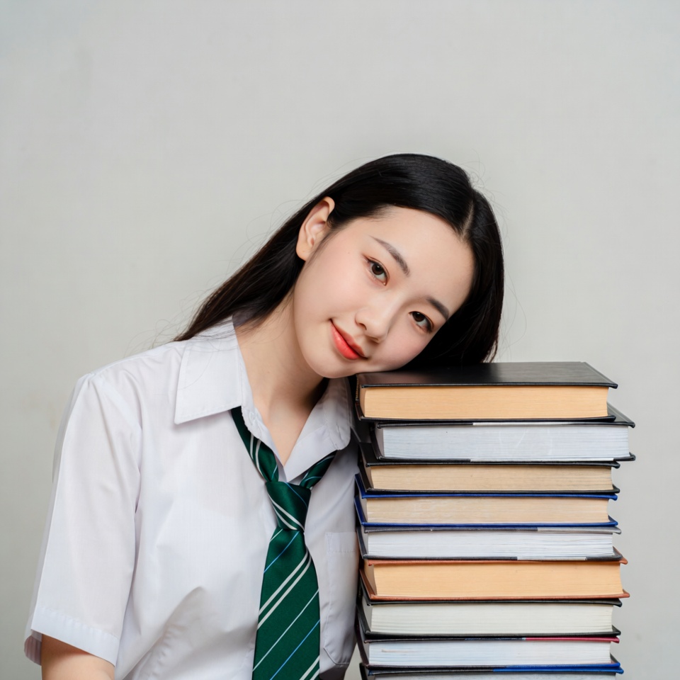 Asian girl leaning on stacked books Asian girl leaning on stacked books