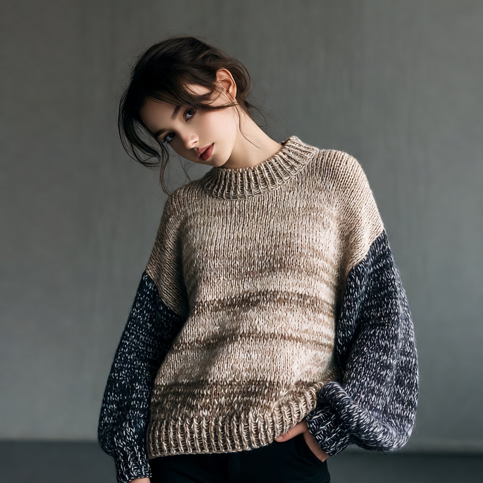 Woman in oversized knit sweater Woman in oversized knit sweater