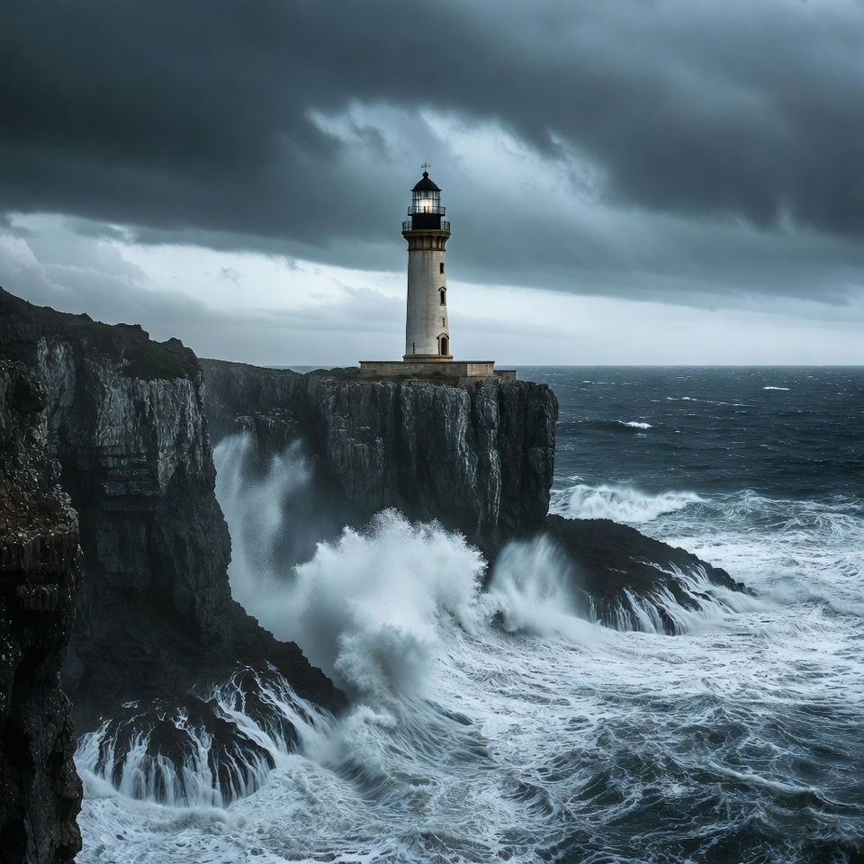Lighthouse on Cliff in Stormy Sea Lighthouse on Cliff in Stormy Sea