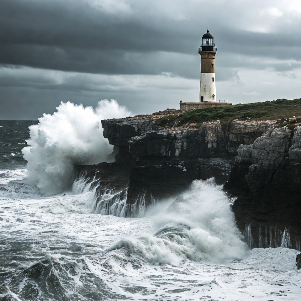 Lighthouse on Cliff Amid Crashing Waves Lighthouse on Cliff Amid Crashing Waves