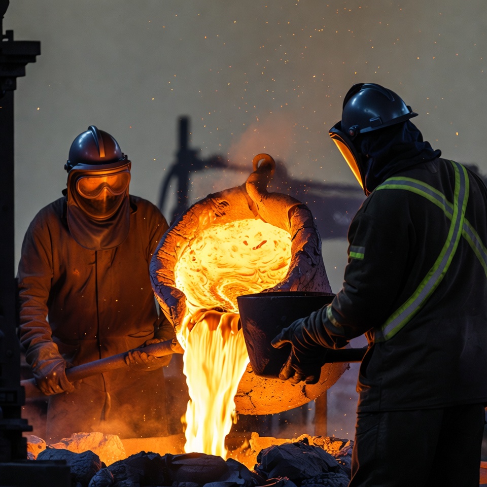 Workers Pouring Molten Metal Foundry Workers Pouring Molten Metal Foundry