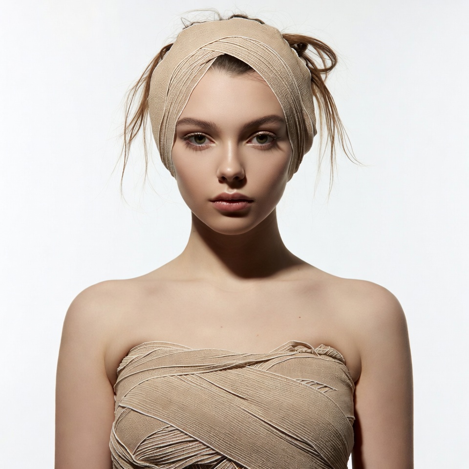 Woman wrapped in beige bandages Woman wrapped in beige bandages