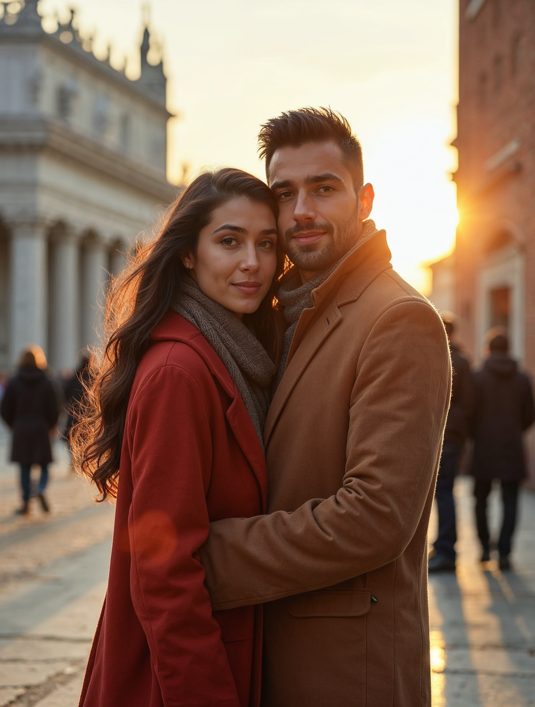 Romantic couple embracing sunset piazza Romantic couple embracing sunset piazza