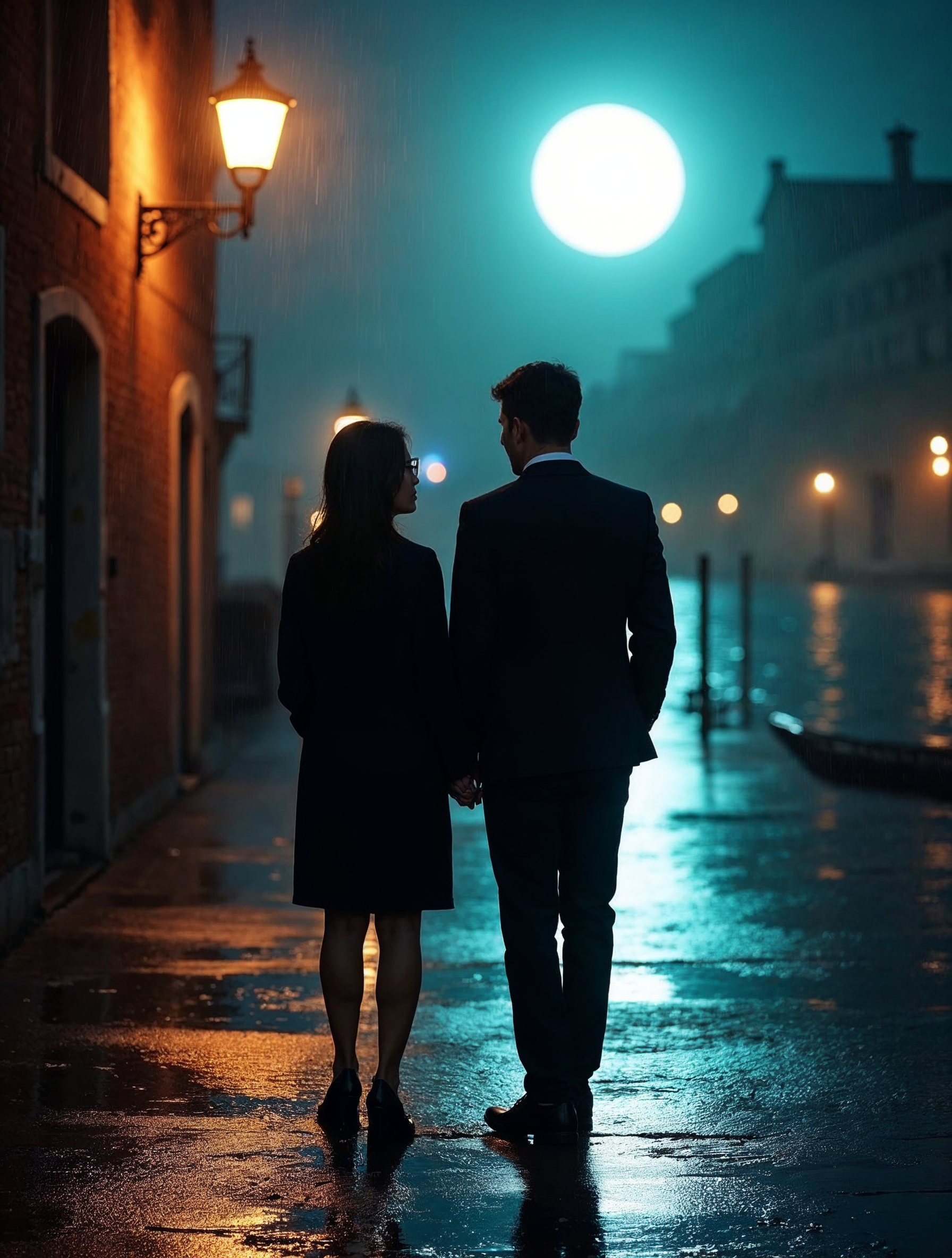 Couple holding hands under rainy moonlit canal Couple holding hands under rainy moonlit canal